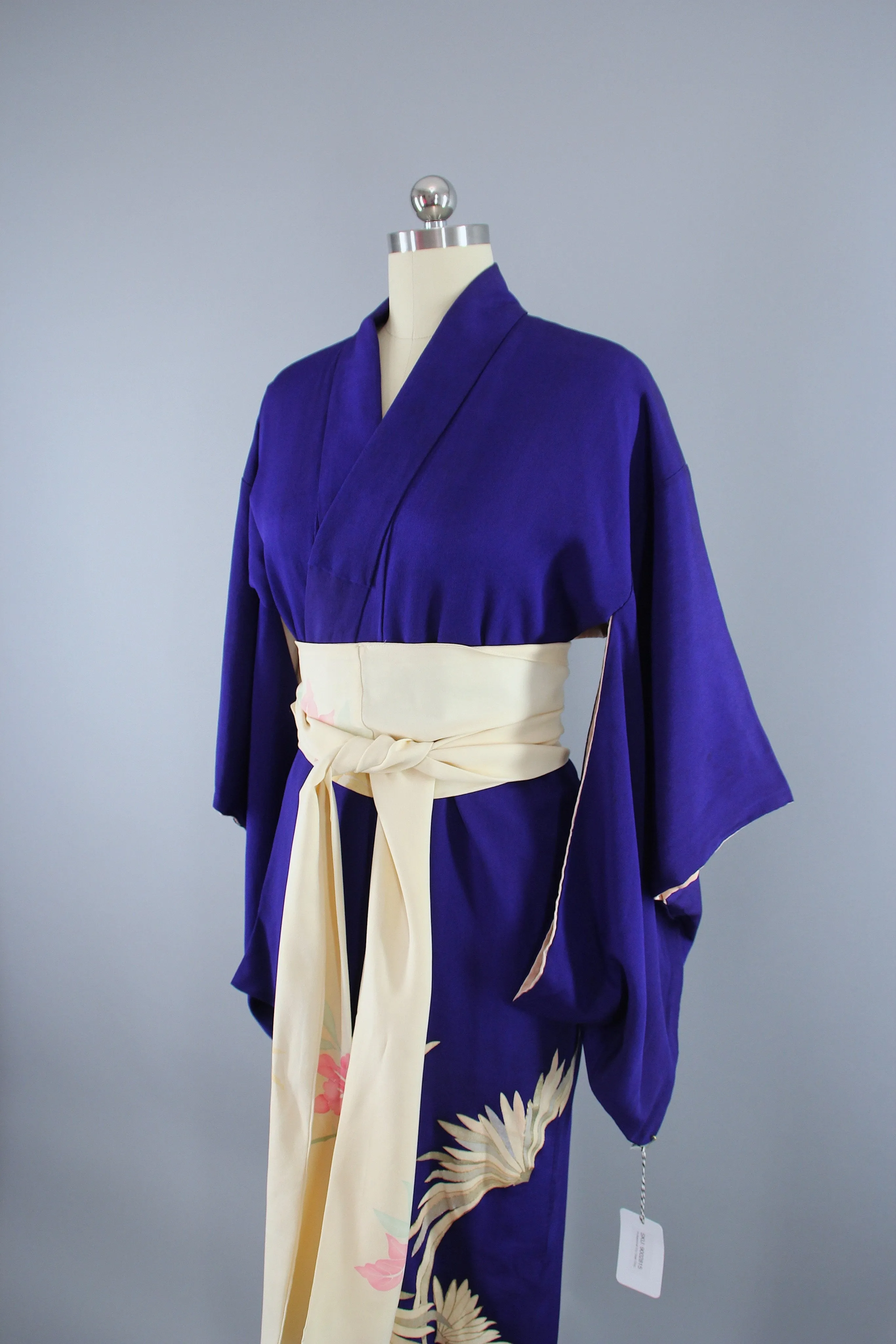 1930s Vintage Silk Kimono Robe / Blue Purple Chrysanthemum Floral