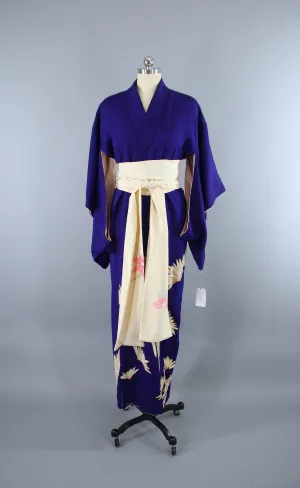 1930s Vintage Silk Kimono Robe / Blue Purple Chrysanthemum Floral