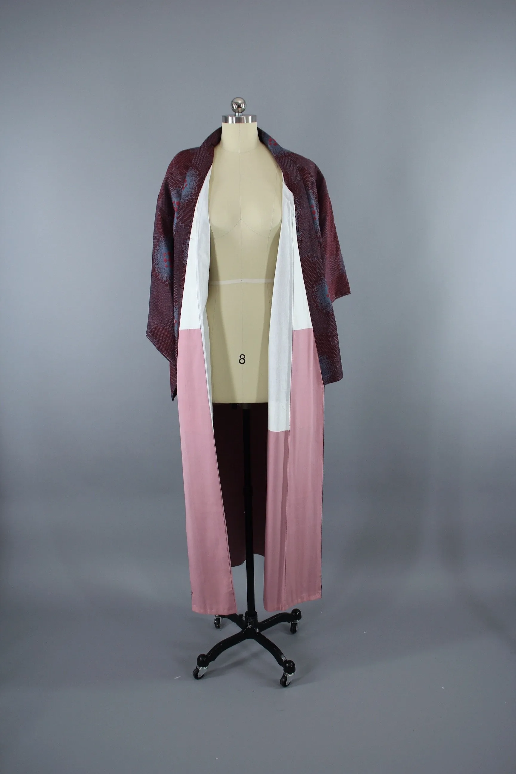 1940s Vintage Silk Kimono Robe / Maroon Red & Blue Omeshi Floral