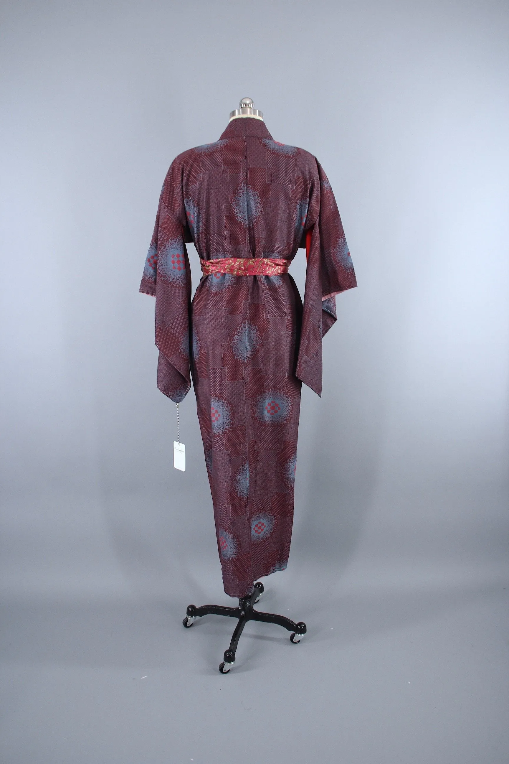 1940s Vintage Silk Kimono Robe / Maroon Red & Blue Omeshi Floral