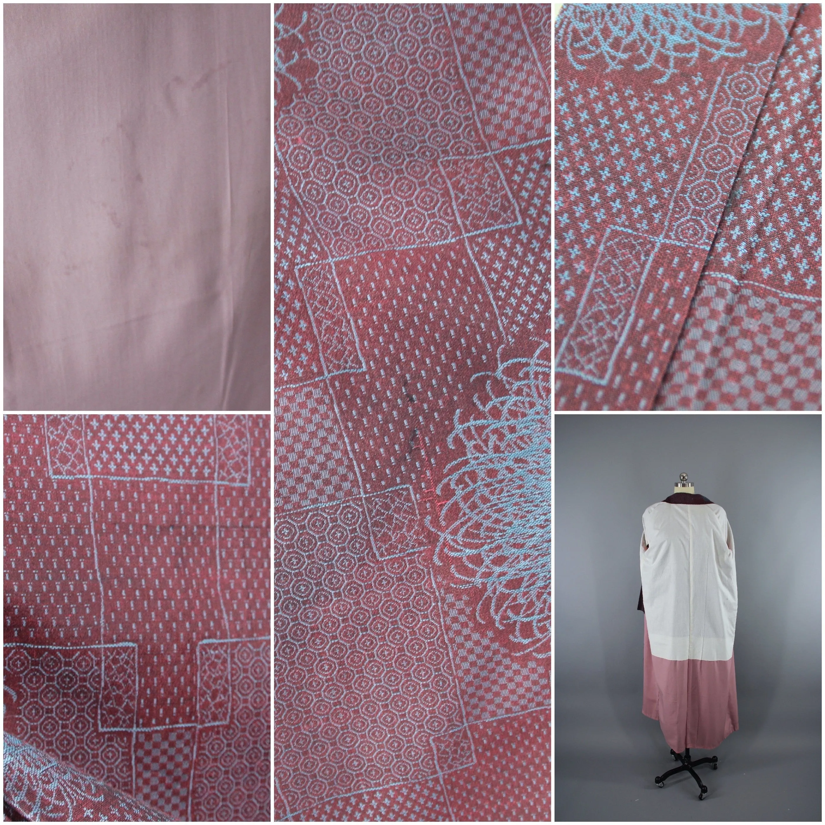1940s Vintage Silk Kimono Robe / Maroon Red & Blue Omeshi Floral