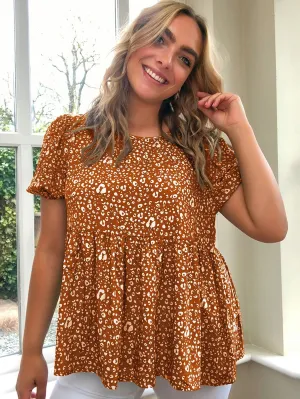 All Over Print Ruffle Hem Short Sleeve Round Neck Flared Regular Plus Size Blouse