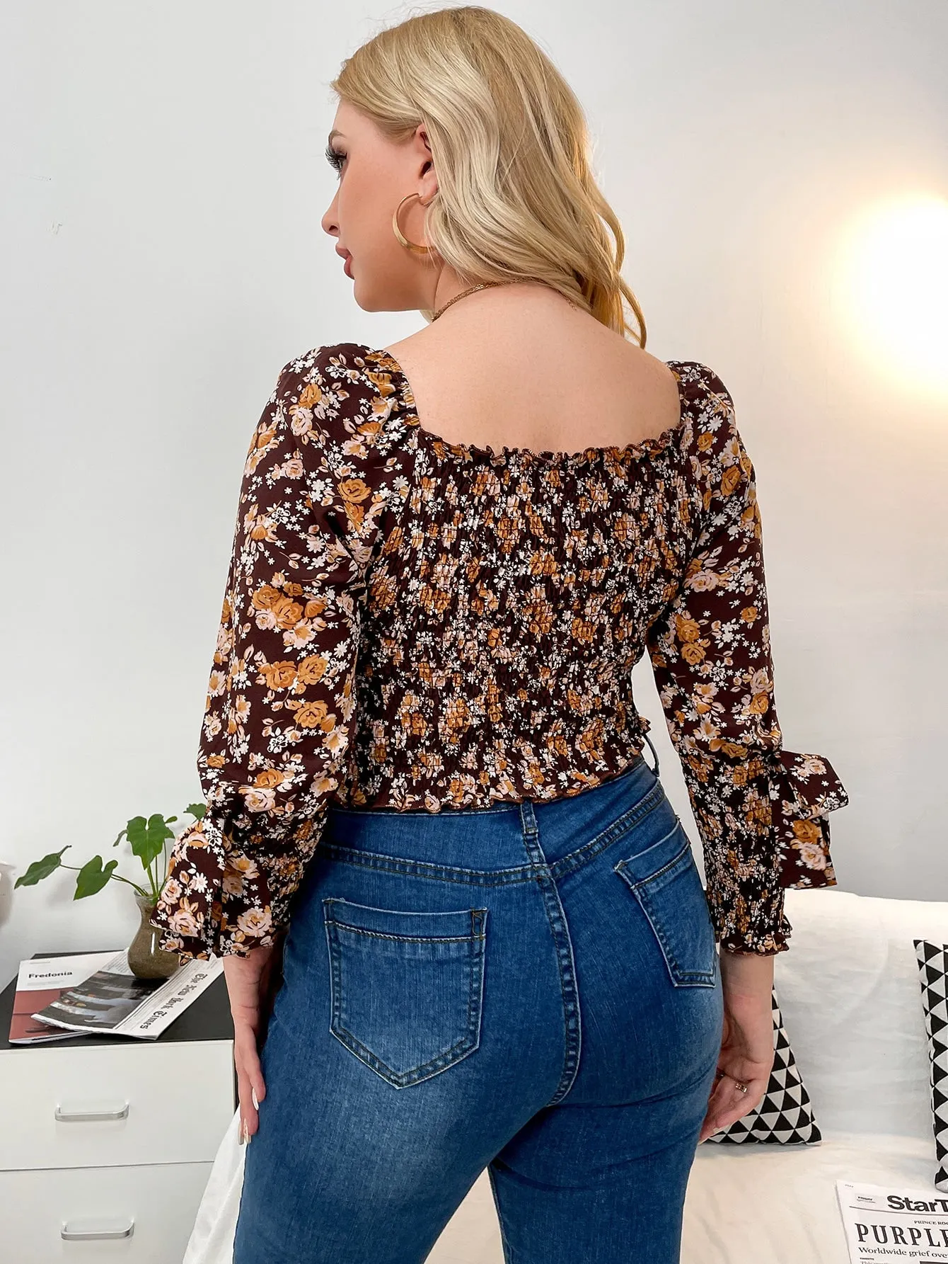 All Over Print Shirred Long Sleeve Square Neck Crop Plus Size Blouse