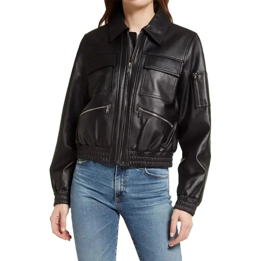 Black Bomber Leather Jacket Womens