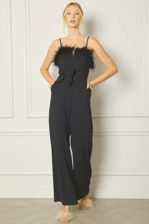 Black Feathered Trim Jumpsuit W/ Pockets