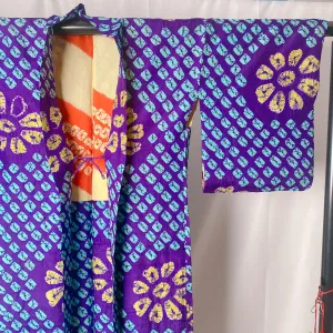 Blue Shibori Haori, Old Item, Japanese Kimono, Flower, Very Good, Cardigan, Women's Jacket, Silk Long outer, Casual Layer, Versatile-M