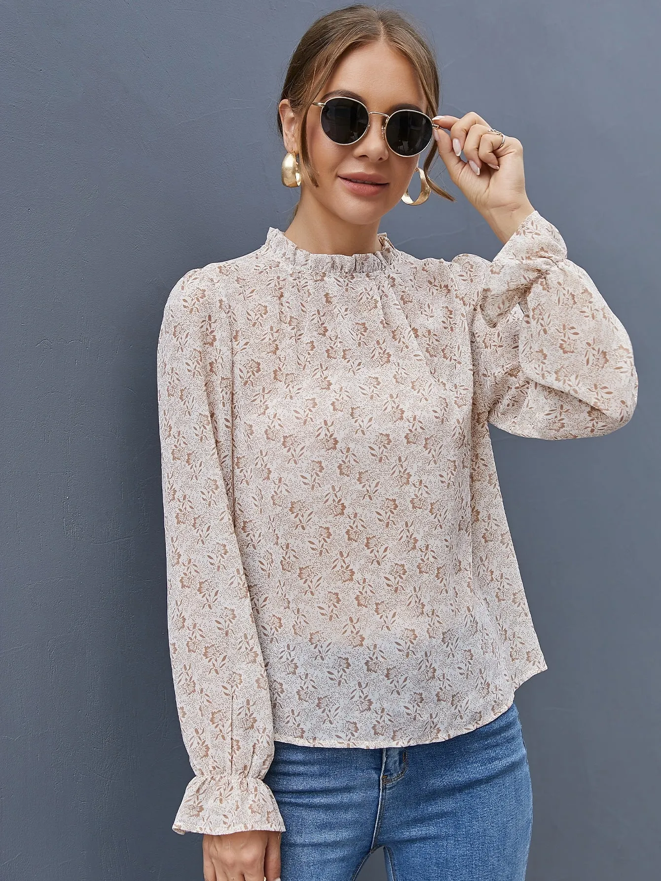 Boho All Over Print Frill Long Sleeve Stand Collar Regular Blouse