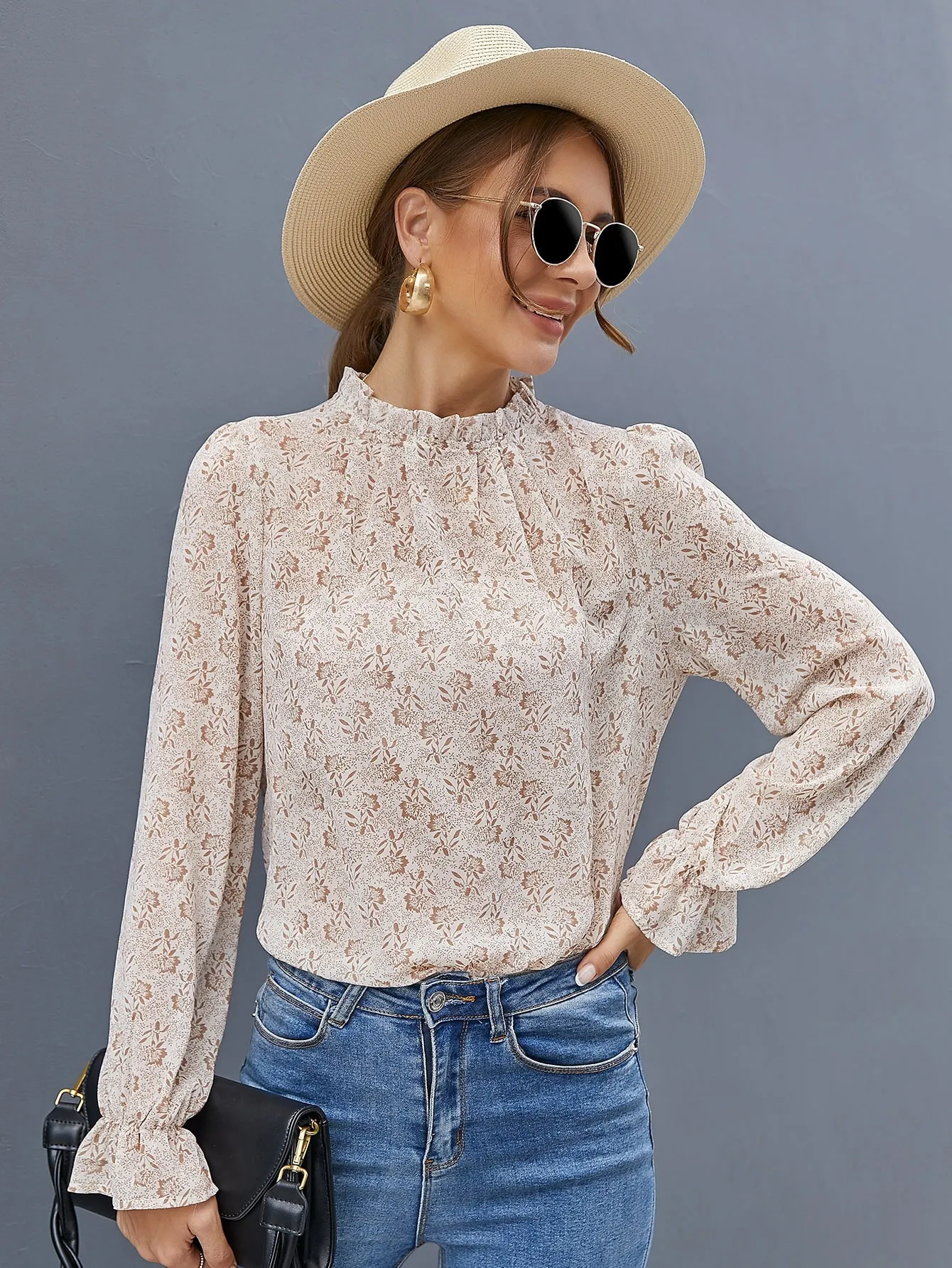 Boho All Over Print Frill Long Sleeve Stand Collar Regular Blouse