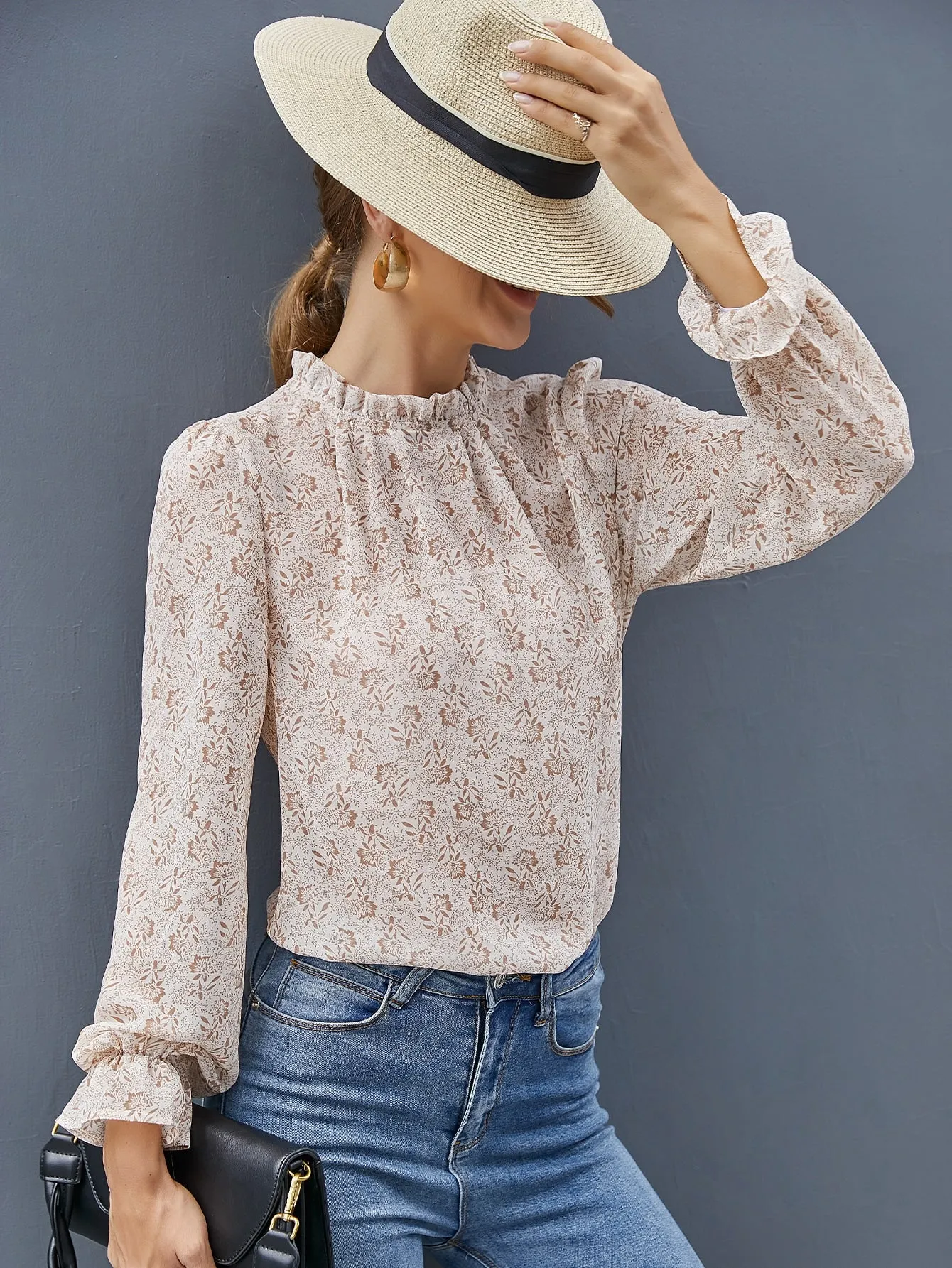 Boho All Over Print Frill Long Sleeve Stand Collar Regular Blouse