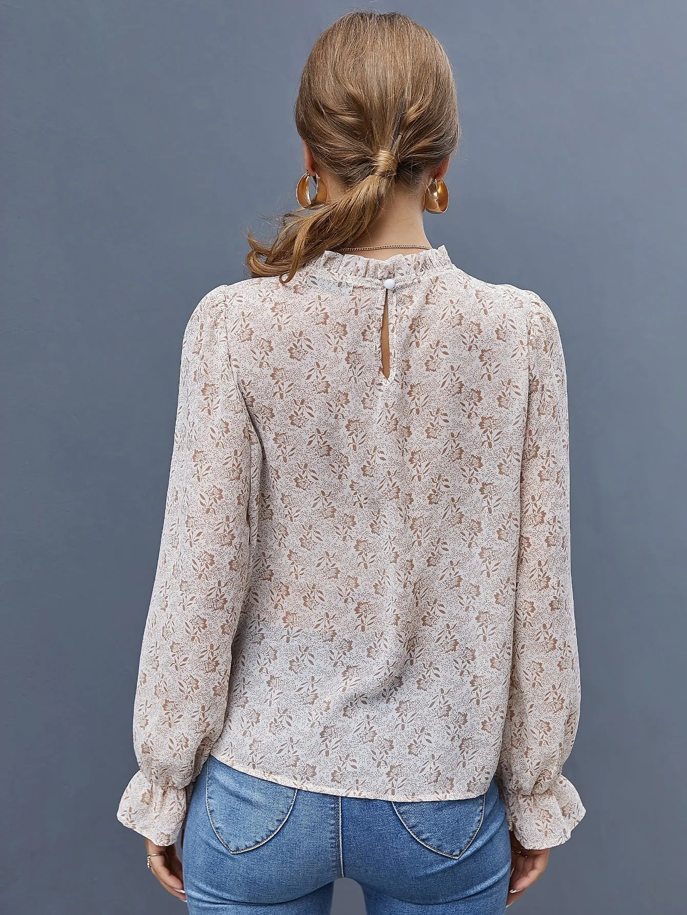 Boho All Over Print Frill Long Sleeve Stand Collar Regular Blouse