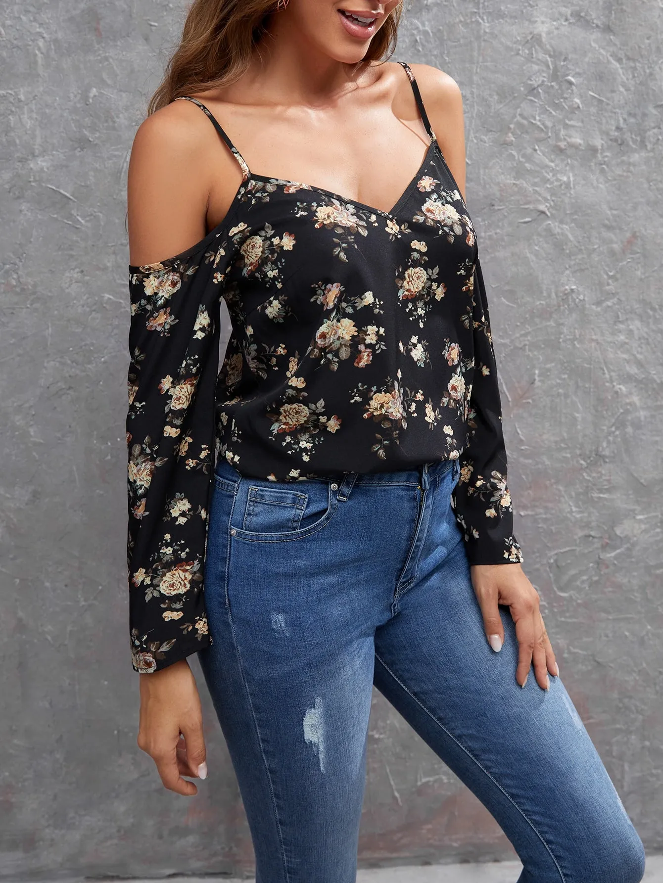 Boho All Over Print Long Sleeve Cold Shoulder Regular Blouse