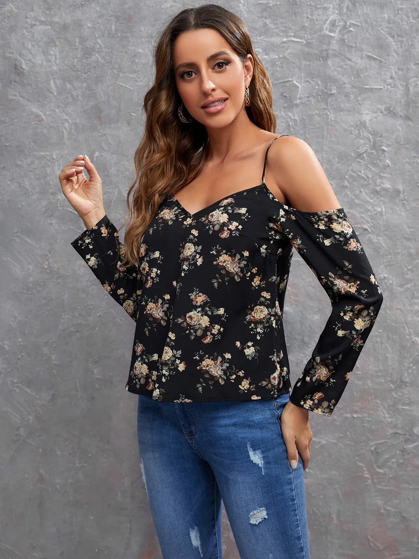 Boho All Over Print Long Sleeve Cold Shoulder Regular Blouse