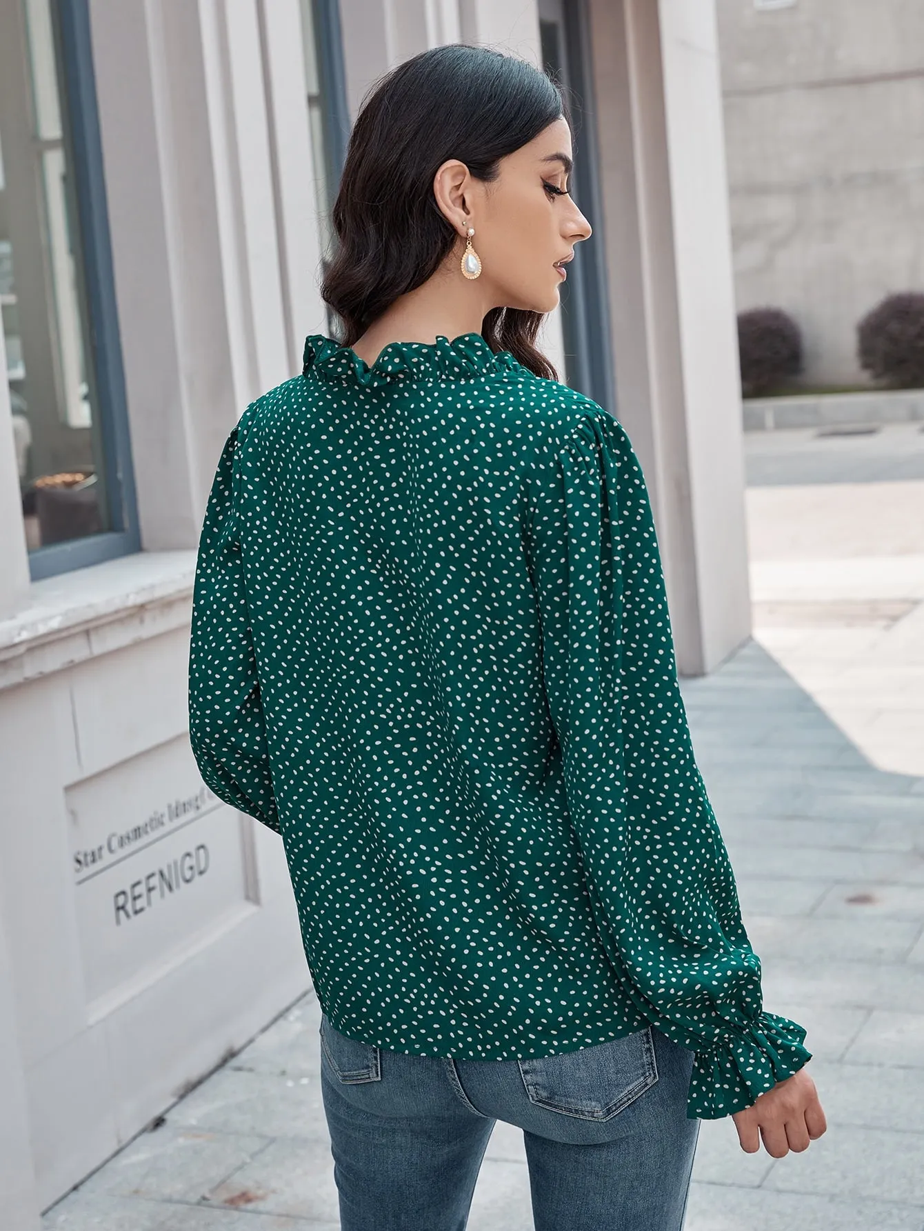 Boho All Over Print Ruffle Long Sleeve V Neck Regular Blouse