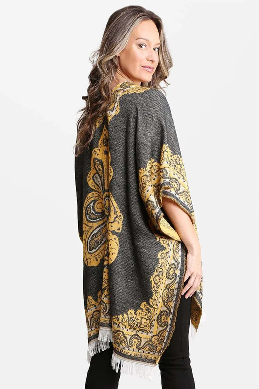 Boho Pattern Fringe Mustard Kimono