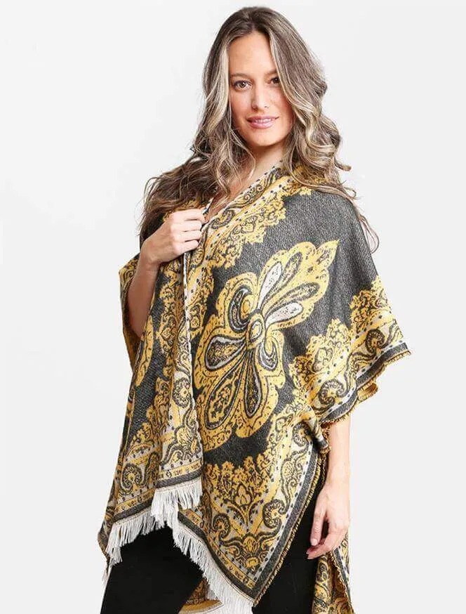 Boho Pattern Fringe Mustard Kimono