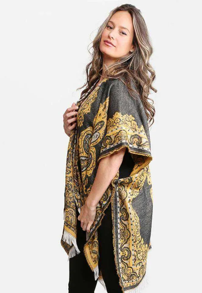 Boho Pattern Fringe Mustard Kimono