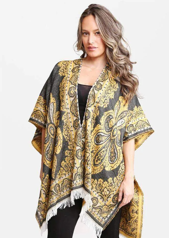 Boho Pattern Fringe Mustard Kimono