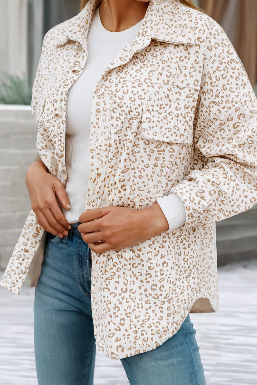 Brooklyn Leopard Print Flap Pockets Buttoned Corduroy Shacket