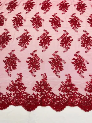 Burgundy Floral Lace Fabric, Embroidery on a Mesh Lace Fabric By The Yard For Gown, Wedding-Bridal-Dress