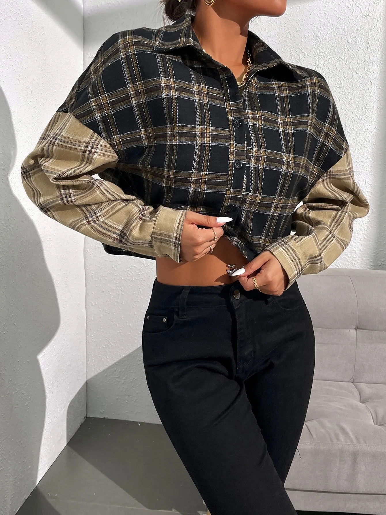 Casual Plaid Button Front Long Sleeve Collar Crop Blouse