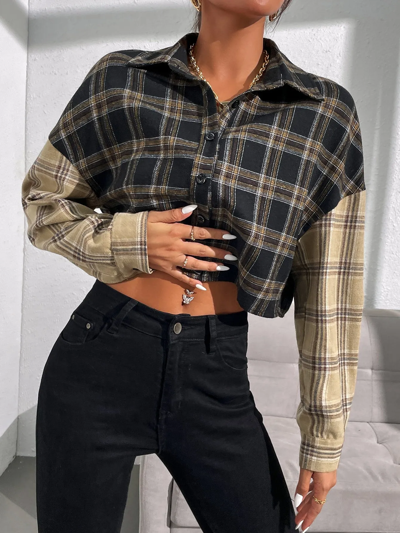 Casual Plaid Button Front Long Sleeve Collar Crop Blouse