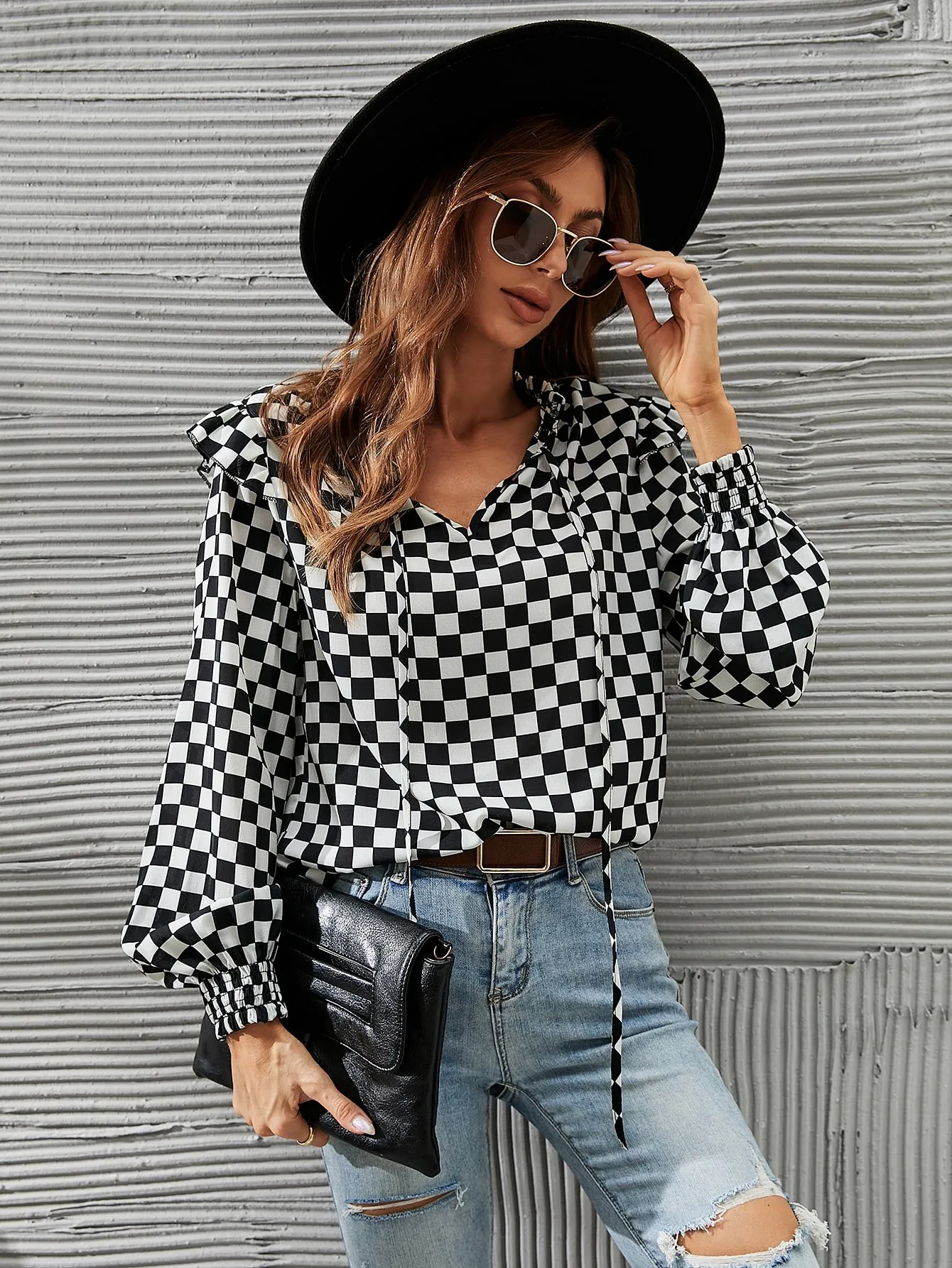 Casual Plaid Ruffle Long Sleeve Tie Neck Regular Blouse