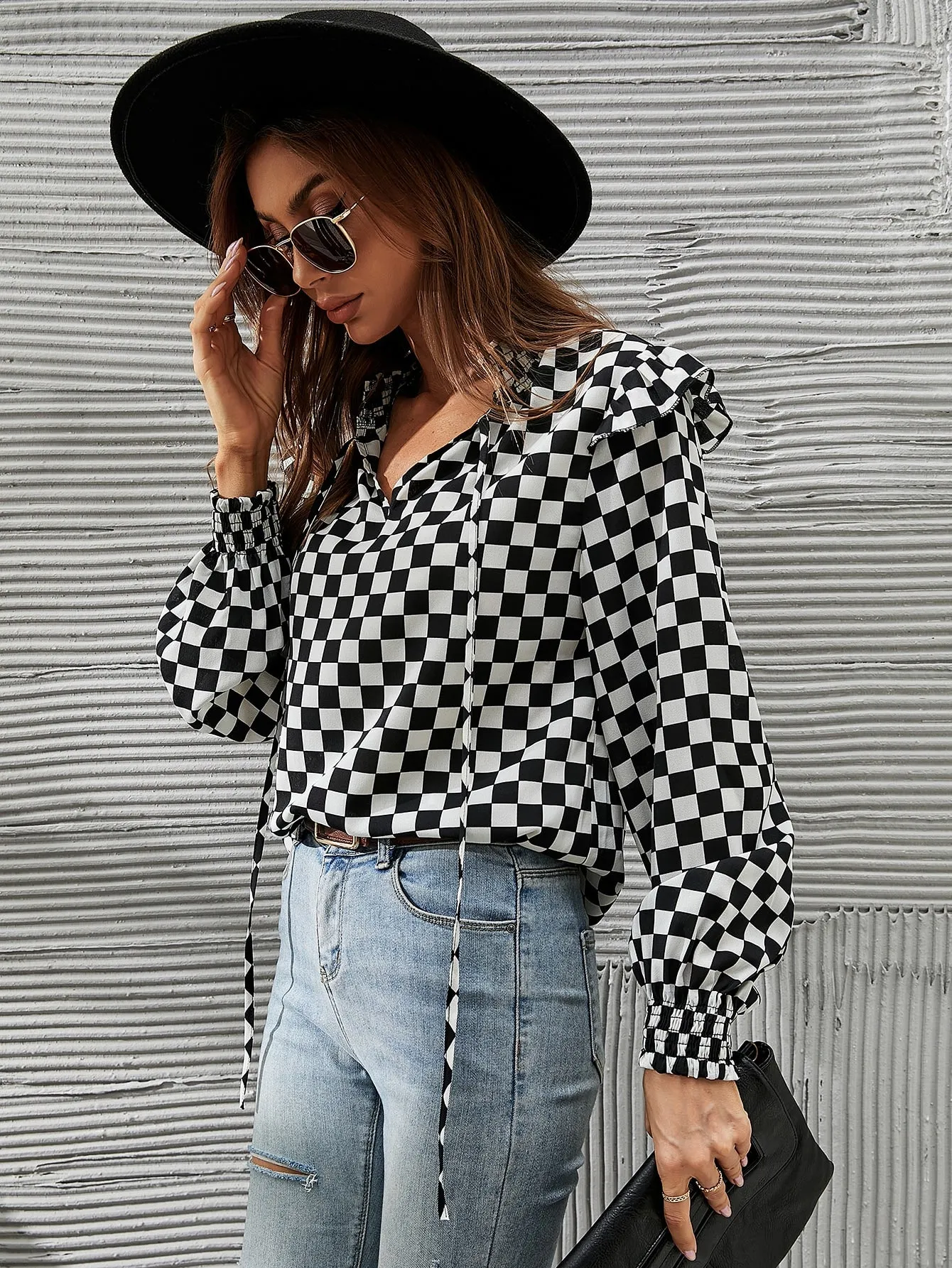 Casual Plaid Ruffle Long Sleeve Tie Neck Regular Blouse
