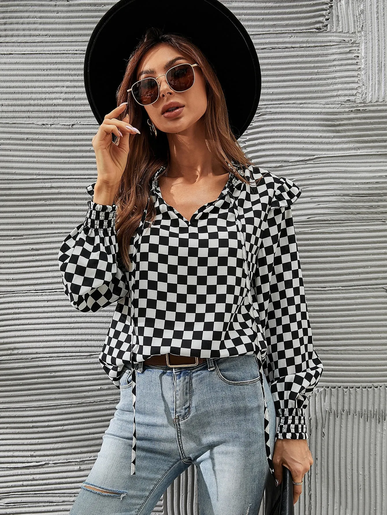 Casual Plaid Ruffle Long Sleeve Tie Neck Regular Blouse