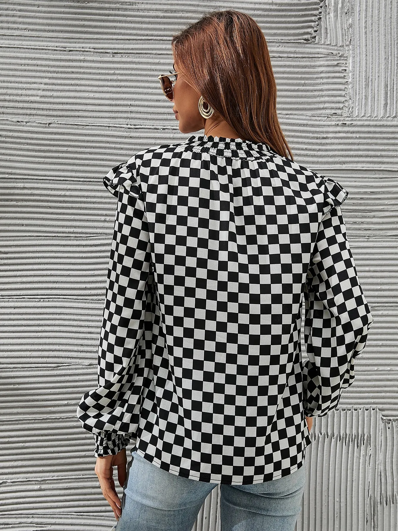 Casual Plaid Ruffle Long Sleeve Tie Neck Regular Blouse