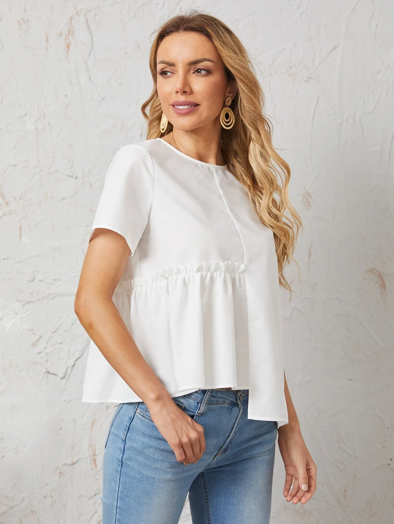 Casual Plain Frill Short Sleeve Round Neck Asymmetrical Regular Blouse