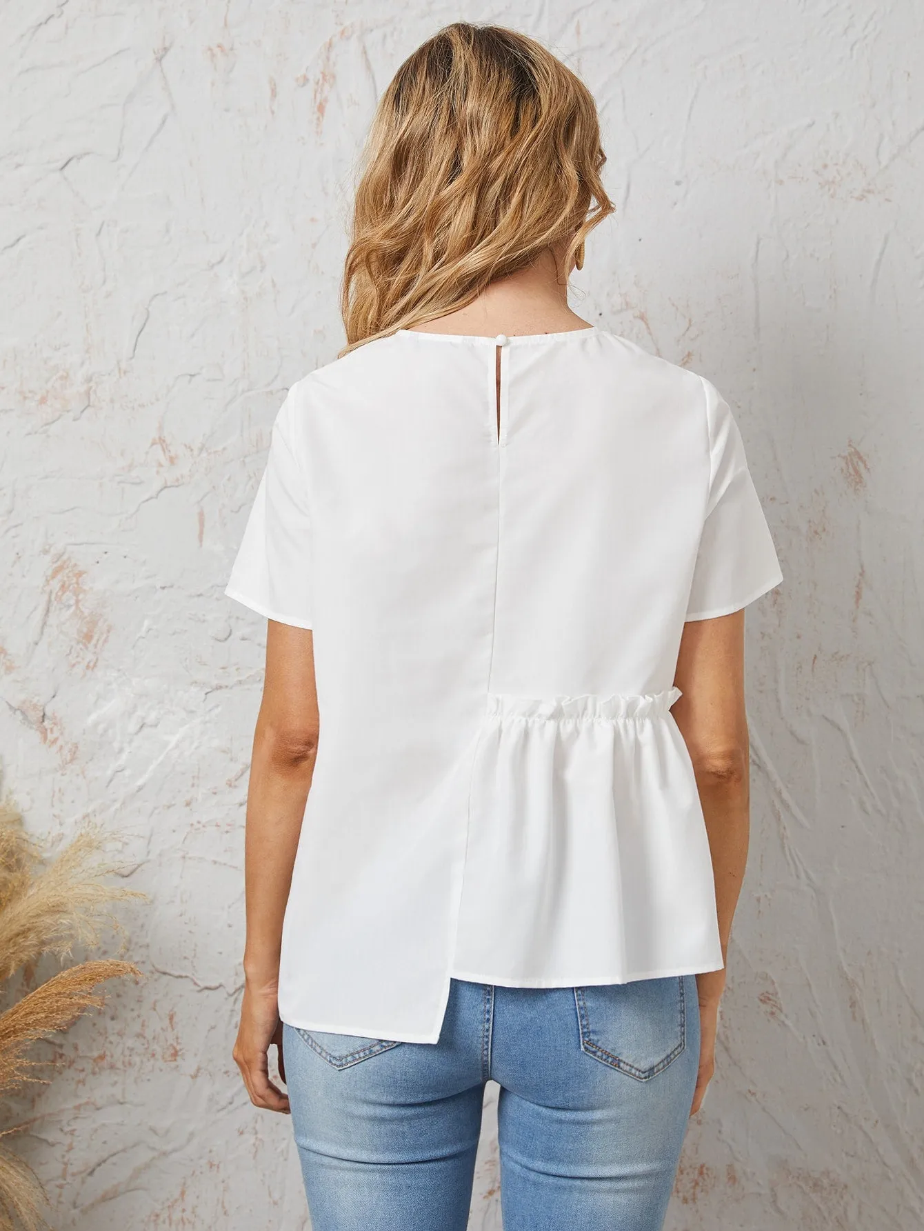 Casual Plain Frill Short Sleeve Round Neck Asymmetrical Regular Blouse