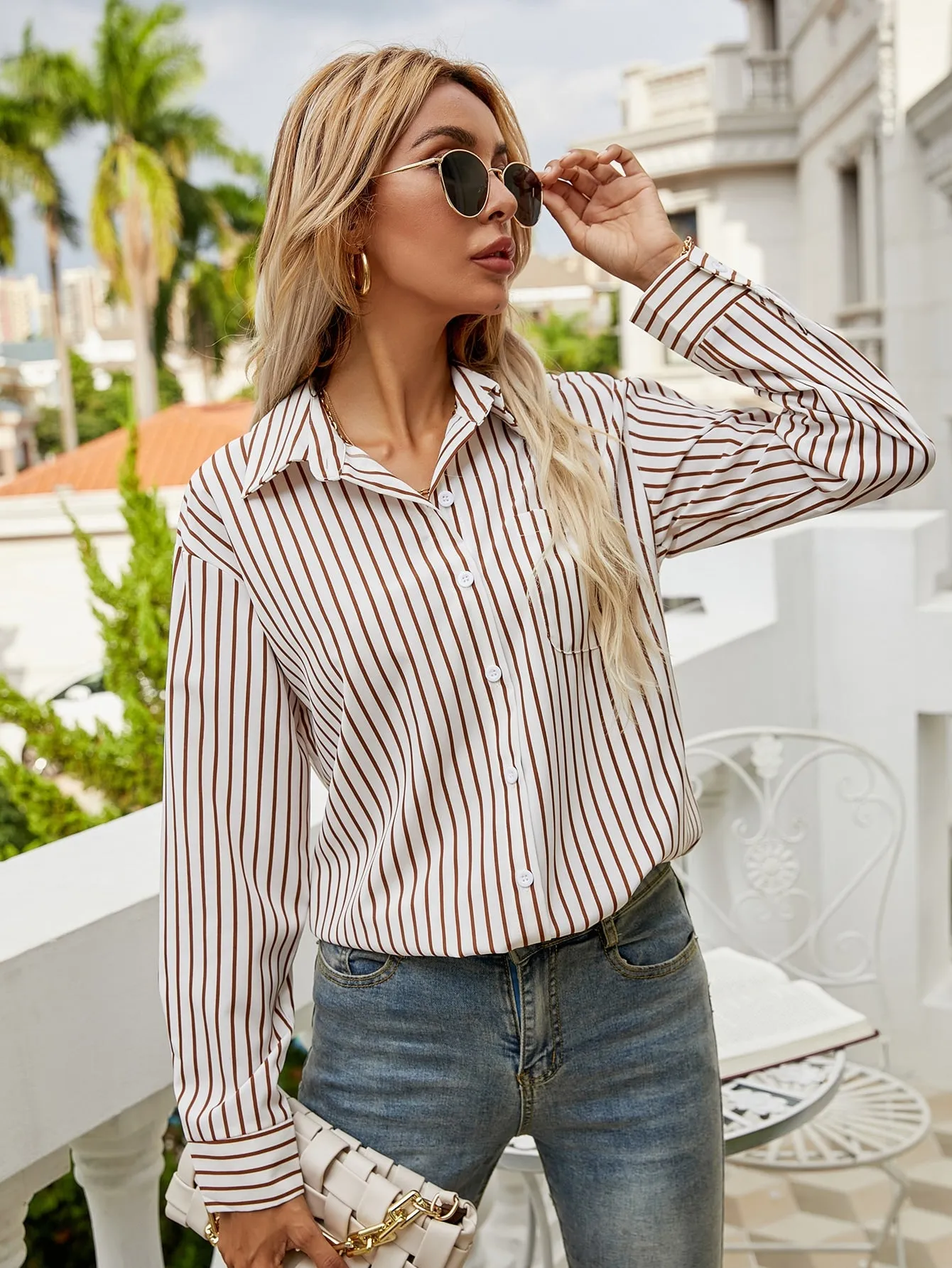 Casual Striped Button Front Long Sleeve Collar Regular Blouse