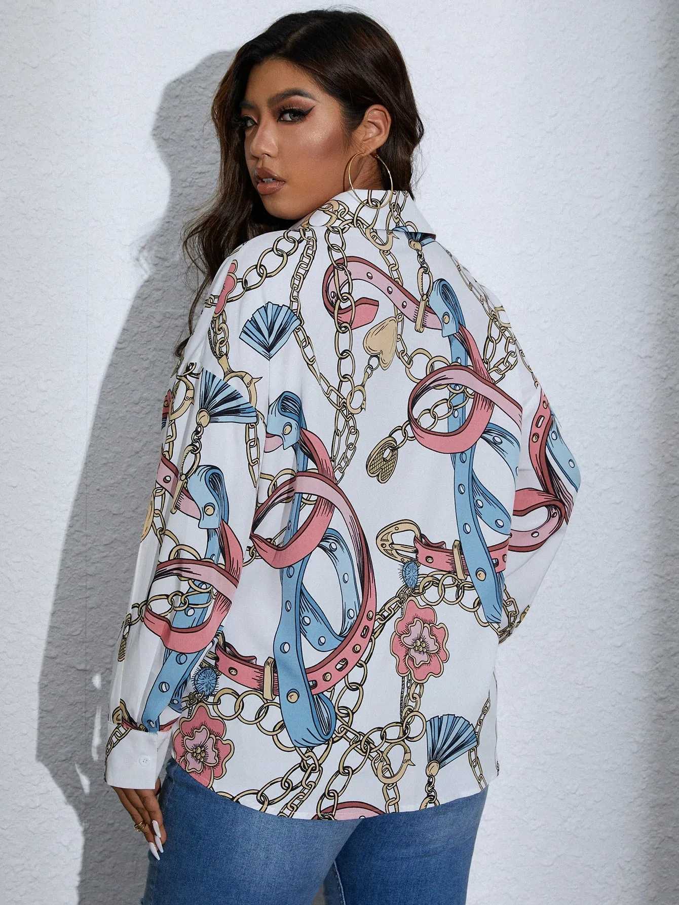Chain Print Button Front Long Sleeve Collar Long Plus Size Blouse