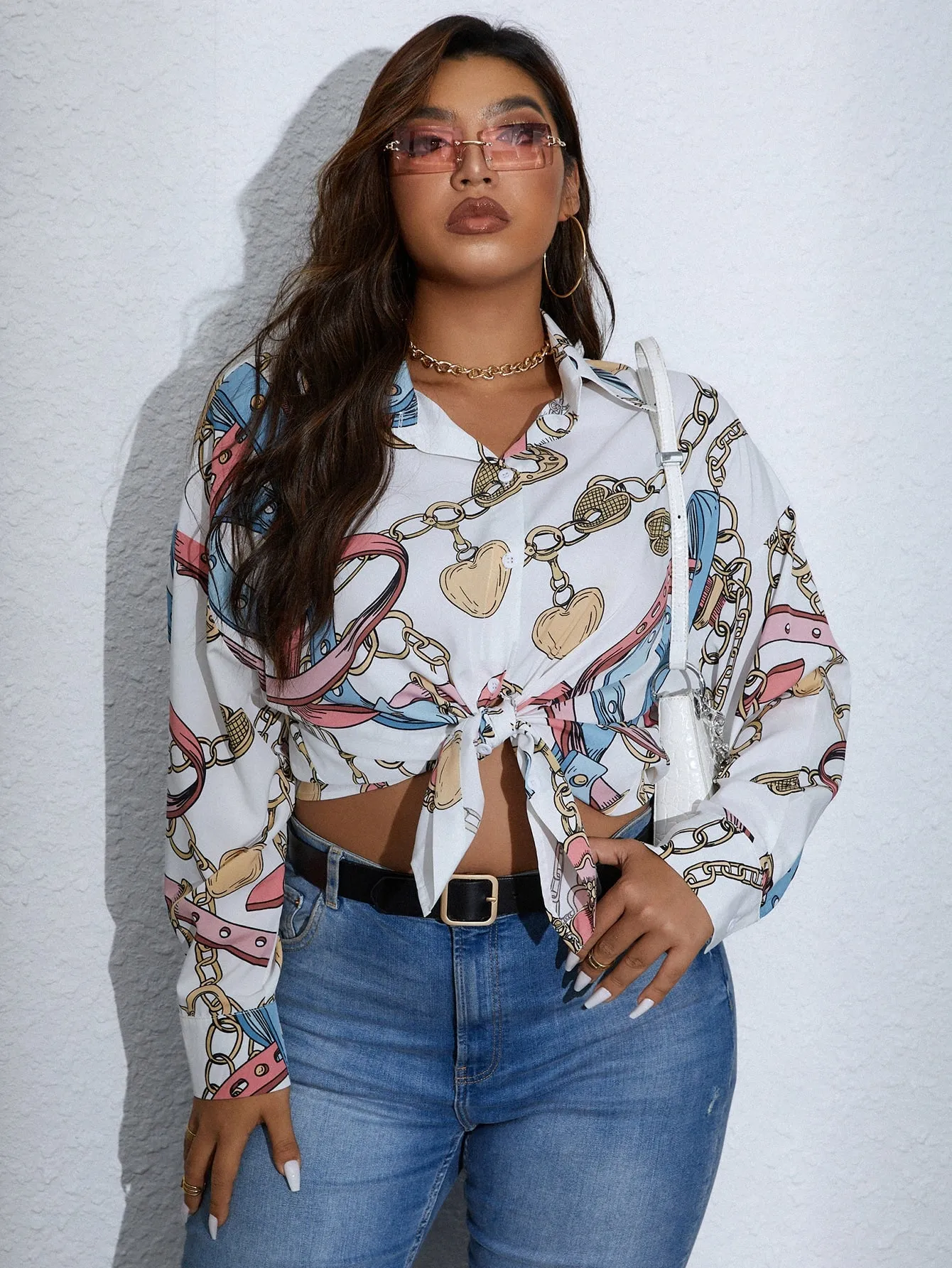 Chain Print Button Front Long Sleeve Collar Long Plus Size Blouse
