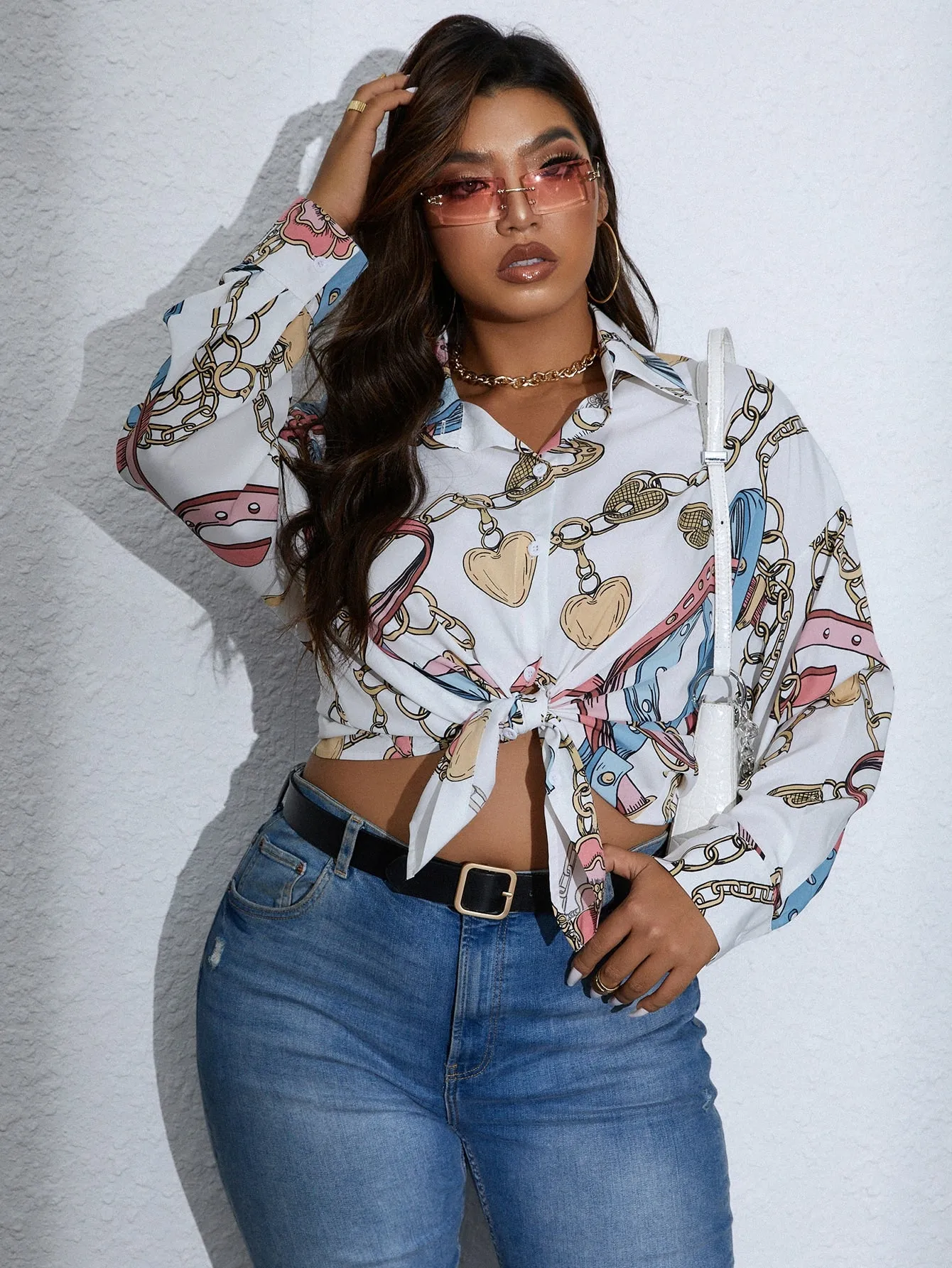 Chain Print Button Front Long Sleeve Collar Long Plus Size Blouse