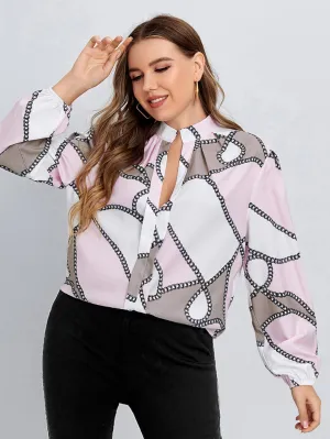 Chain Print Long Sleeve Notched Regular Plus Blouse
