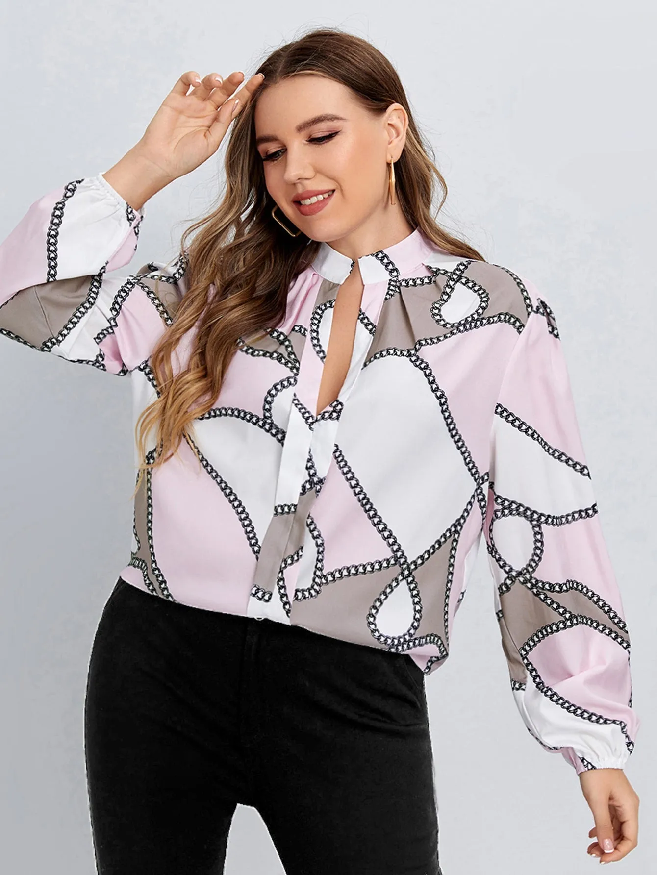 Chain Print Long Sleeve Notched Regular Plus Blouse