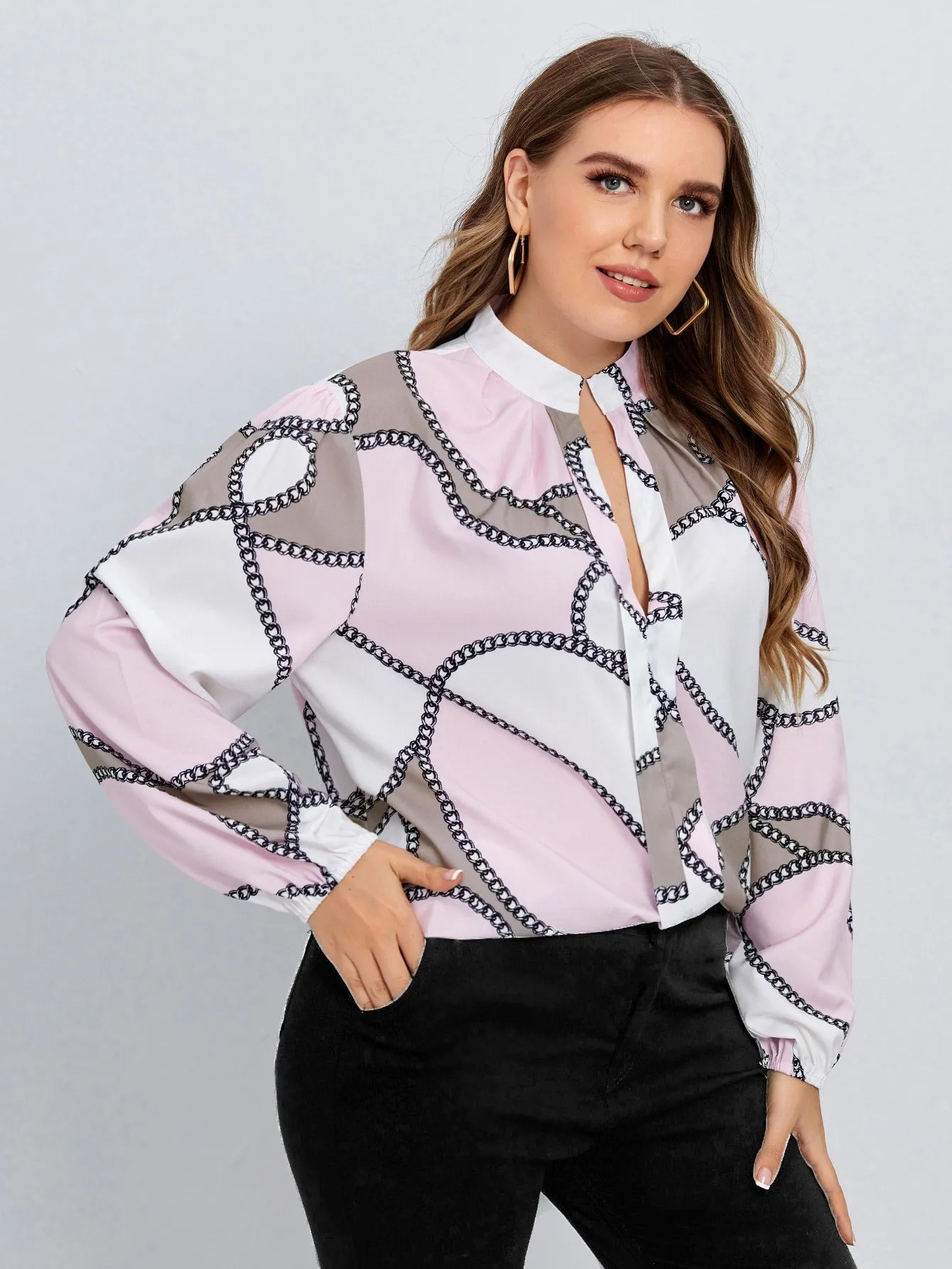 Chain Print Long Sleeve Notched Regular Plus Blouse
