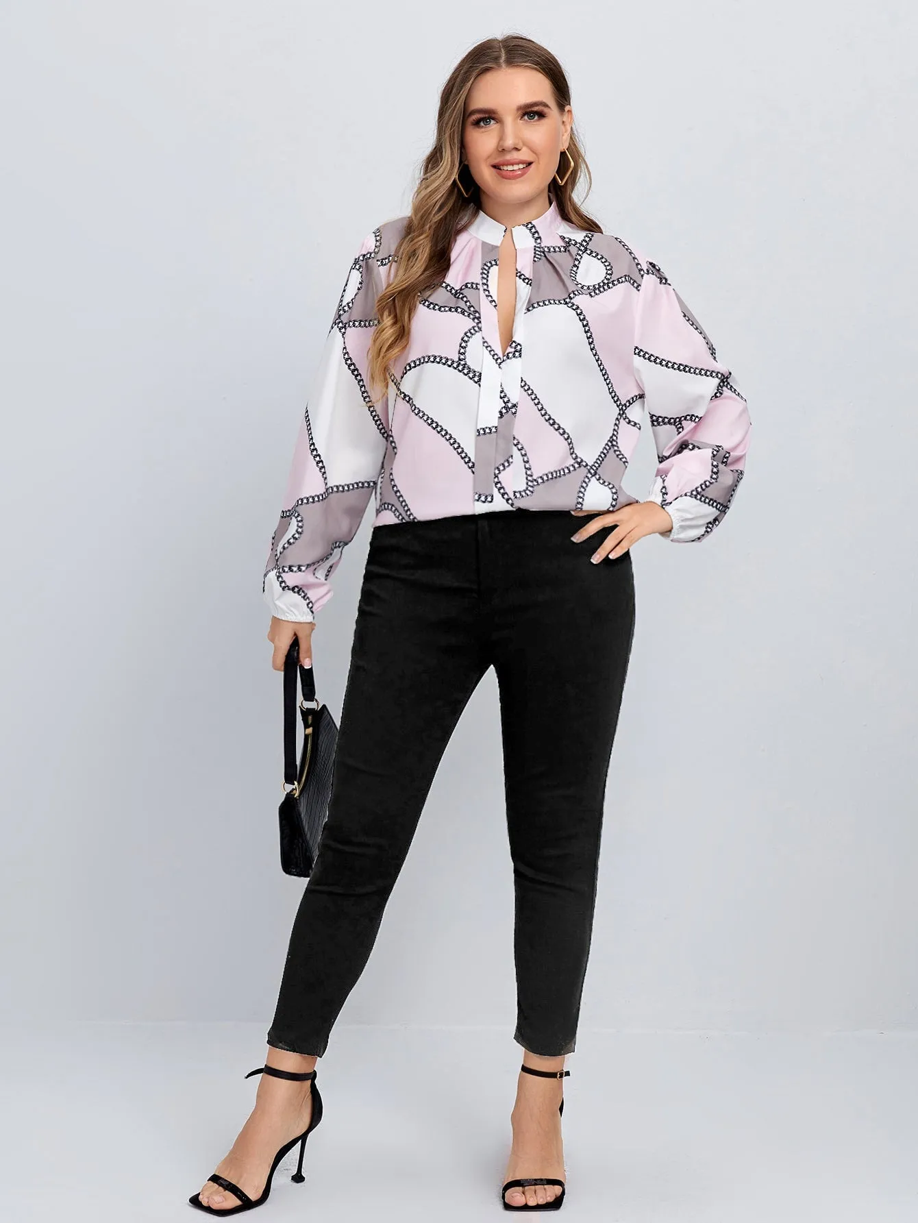 Chain Print Long Sleeve Notched Regular Plus Blouse