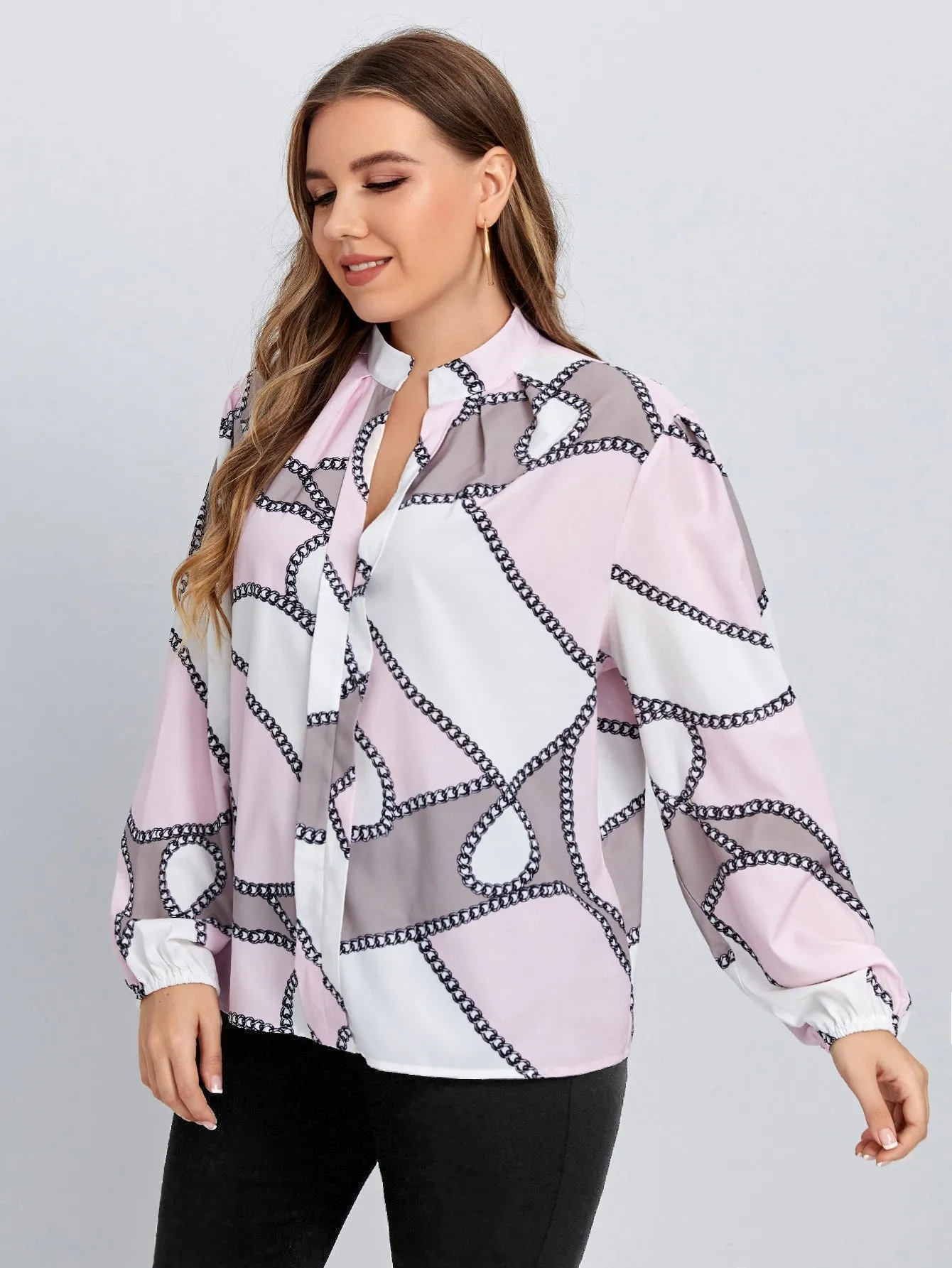 Chain Print Long Sleeve Notched Regular Plus Blouse