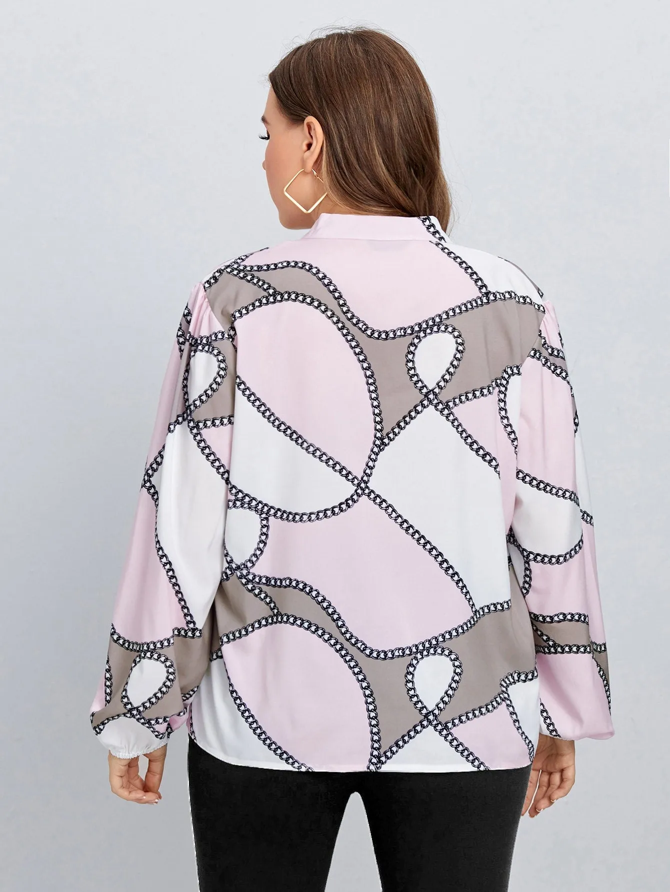 Chain Print Long Sleeve Notched Regular Plus Blouse