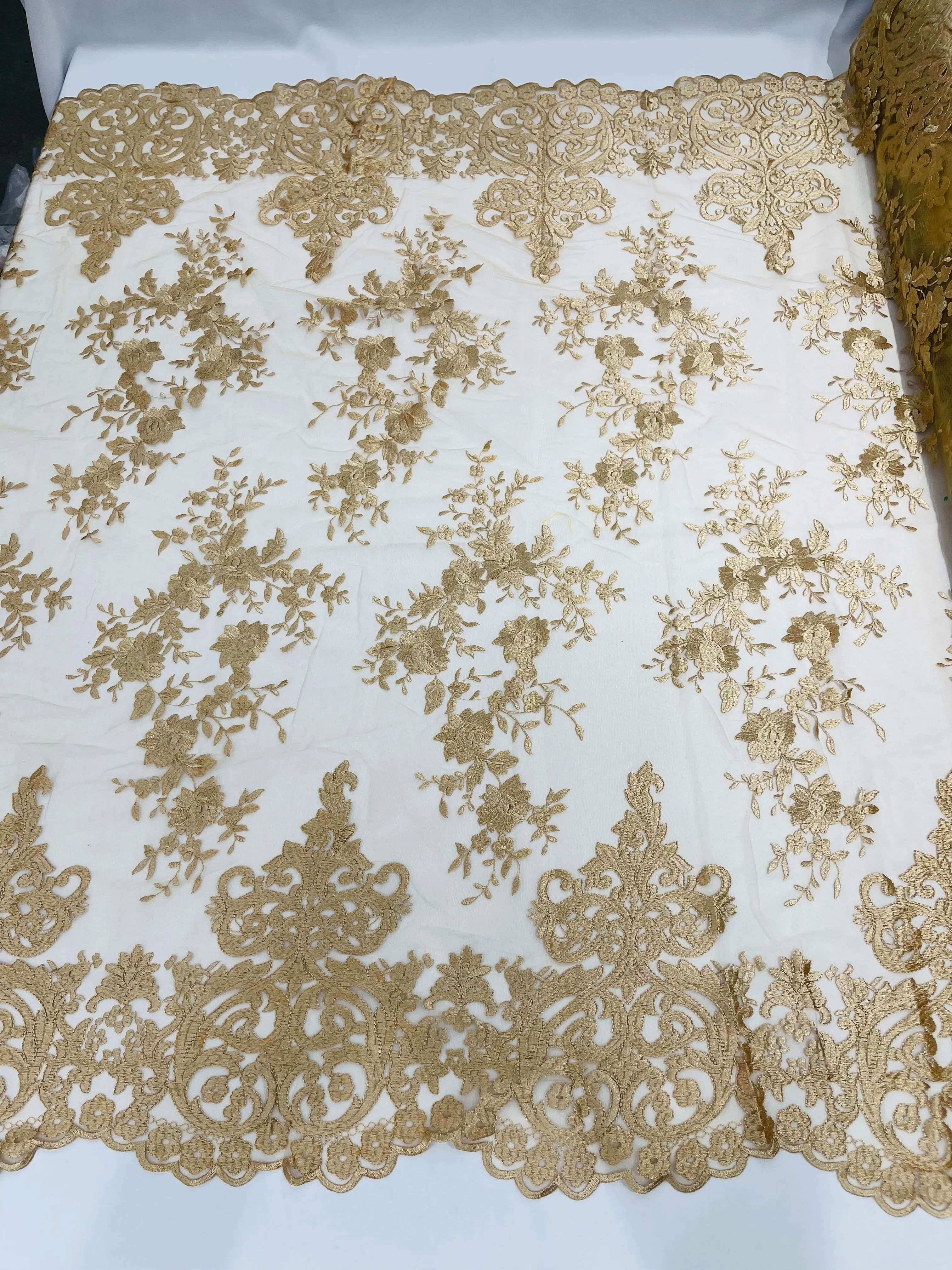 Champagne Bridal Lace - By The Yard - Floral Damask Design Embroidered on Mesh Lace Fabric