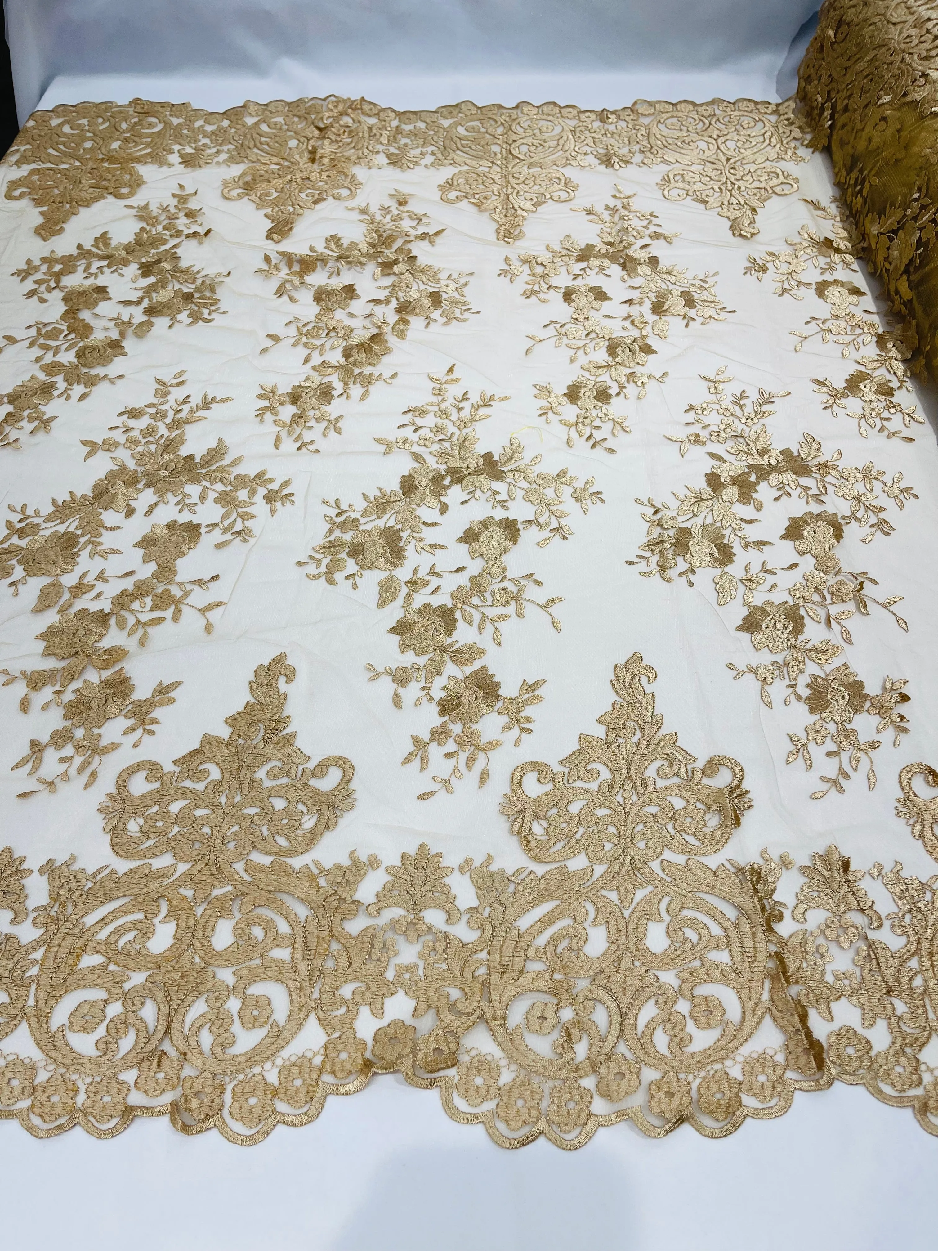 Champagne Bridal Lace - By The Yard - Floral Damask Design Embroidered on Mesh Lace Fabric