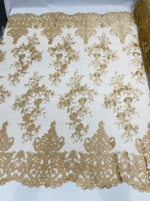 Champagne Bridal Lace - By The Yard - Floral Damask Design Embroidered on Mesh Lace Fabric