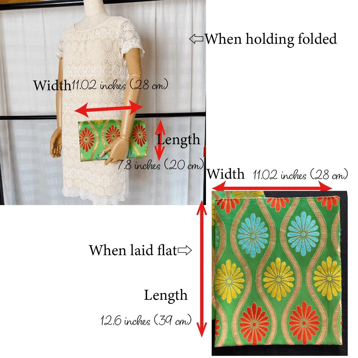Clutch Purse, Green Women's Bag, Chrysanthemum,  Cylindrical shape, Evening Bag, No gusse, One of a kind, Japanese Vintage Kimono Obi,　