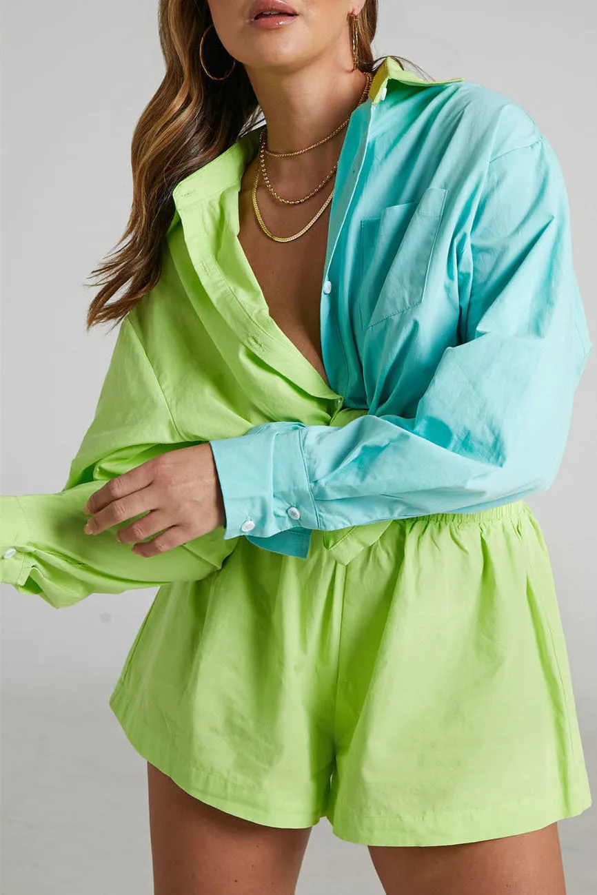 Color Block Oversize Shirt and Casual Shorts Sets-AL9529