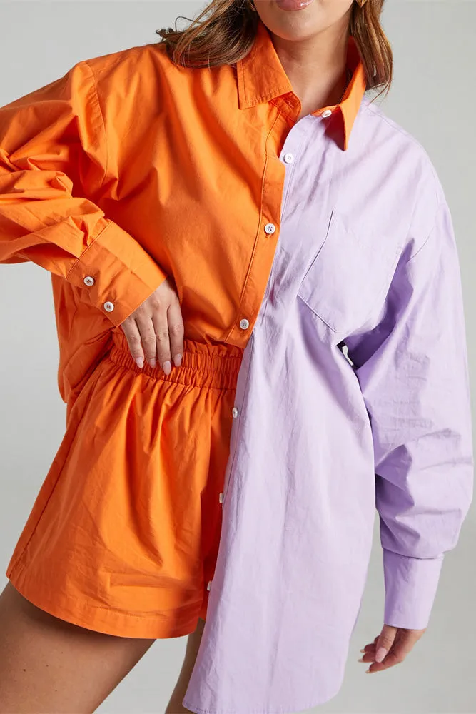 Color Block Oversize Shirt and Casual Shorts Sets-AL9529