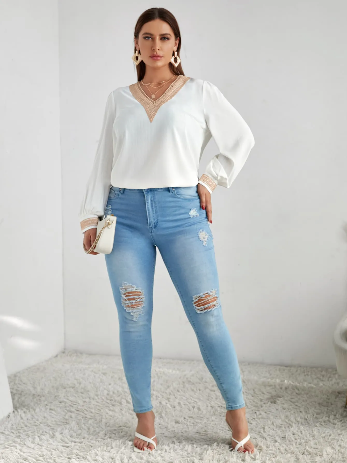 Colorblock Contrast Lace Long Sleeve V Neck Regular Plus Size Blouse