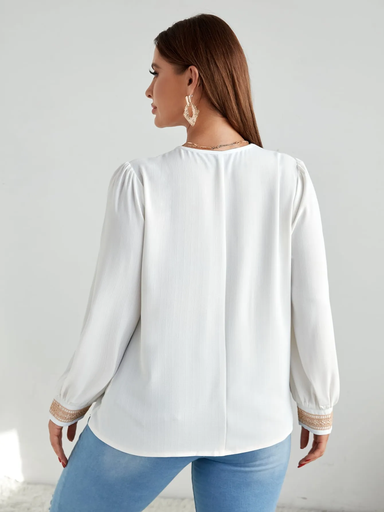Colorblock Contrast Lace Long Sleeve V Neck Regular Plus Size Blouse