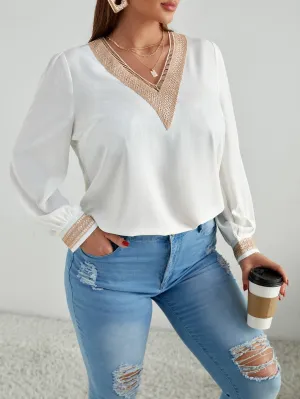 Colorblock Contrast Lace Long Sleeve V Neck Regular Plus Size Blouse
